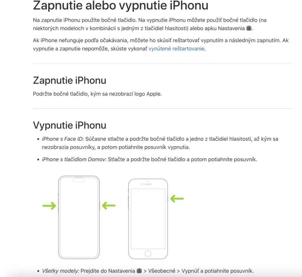 Apple návod „Zapnutie alebo vypnutie iPhonu“ — príklad stručného obsahu bez SEO vaty