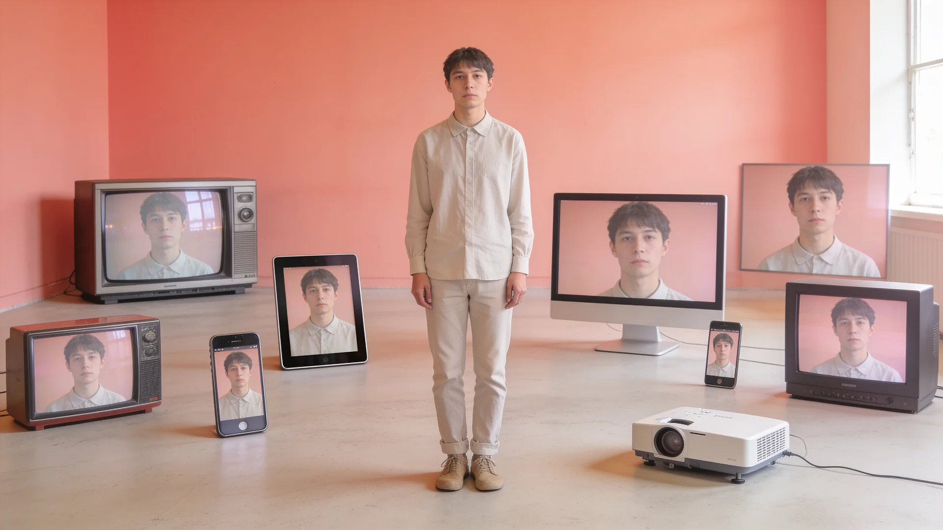 Surrealistická ilustrácia k článku o SEO trendoch 2025 – muž stojí obklopený mnohými obrazovkami, na každej z nich je on sám
